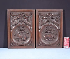 Pair of Vintage French Solid Beech Wood Highly Carved Panels w/Griffins/Dragons