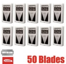 50 FEATHER Hi Stainless Platinum Double Edge Safety Razor Blades 10 Packs x 5 BK