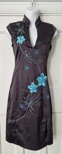 Jane Norman black turquoise satin oriental pencil wiggle party dress size 10 Y2K - Picture 6 of 14