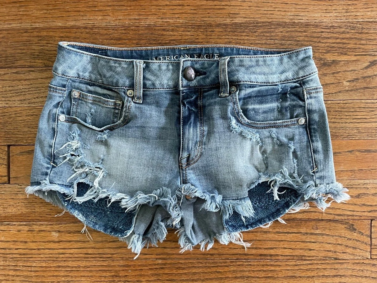 American Eagle 360 Super Stretch Denim Jean Cutoffs Hot Mini Shortie Shorts  6