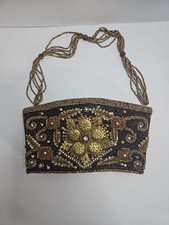 Vintage Beaded Evening Bag Black Gold Boho Indian Embroidered Purse Prom Formal