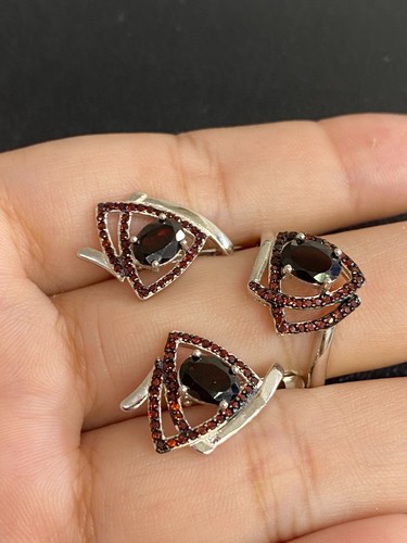 NATURAL GARNET 7X5 GARNET DIAMOND CUT STERLING SILVER 925 RING EARRING - 第 3/13 張圖片