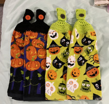 Set of 4 Cotton Halloween Hanging Kitchen Tea Towels Crocheted Tops, Multicolor