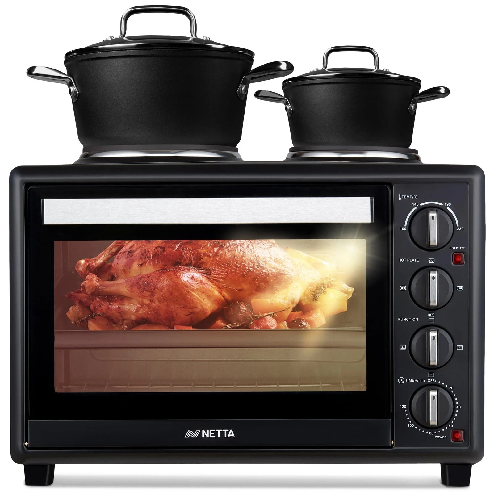 NETTA 35L Electric Mini Oven with Double Hotplate, Multiple Cooking Functions...