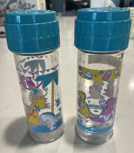 Vintage 2 Playtex Nurser Drop-In 7 Oz Bottles Flat Tops ZOO ANIMALS & DINOSAURS