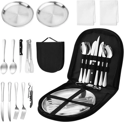 ZREE Campingbesteck Für 2 Personen 13-teilig Picknick Geschirr Edelstahl Outdoor Set