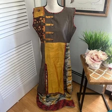 VANITA Womens Kurti XXL Maxi Olive Gold Woven Patchwork Lagenlook Bohemian Chic