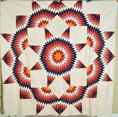 Vintage 1890's Red, Green Cheddar & Cinnamon Pink Antique Broken Star Quilt Top!