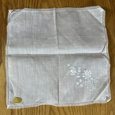 Vintage Swiss Sheer Cotton Handkerchief White Lace Floral Embroided Cottagecore