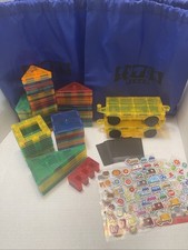 Lot of 102 Tytan Magnetic Building Tiles , 2 Cars, Stickers 2 Carrying Bags STEM