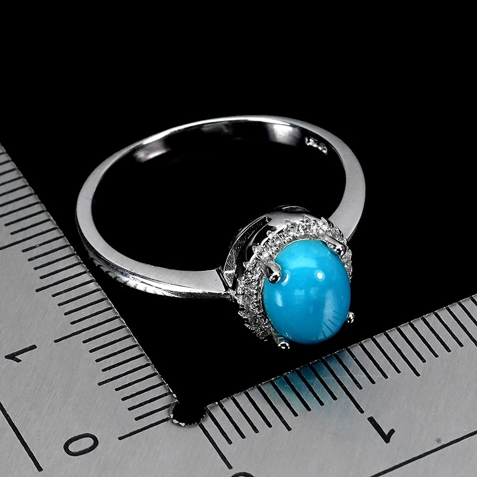 925 Anello Argento Sterling Ovale Turchese 8x6mm Natural Gemma Gioielli Misura 7 - Immagine 3 di 4