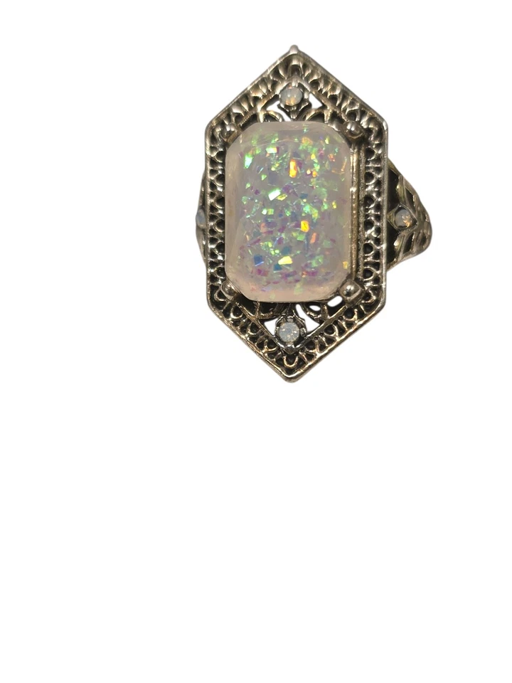 SILVER FILIGREE ANTIQUE STYLE OPAL RING Sz 6 - Image 2 of 4