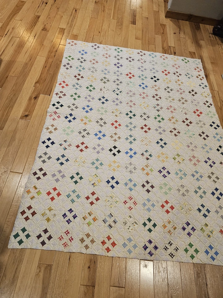 Vintage Handmade Cathedral Window Quilt 83" X 61" Plus Pillow Shams - Image 2 of 4