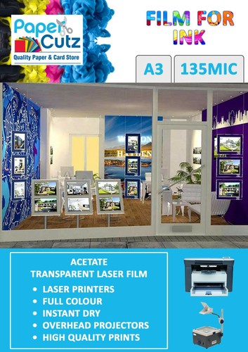 A3 Acetate OHP Laser Printer Clear Film, Overhead Projector 135Mic - 50 Sheets - Picture 5 of 6