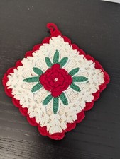 Vintage Crochet 6" Red Rose Center Potholder VGC