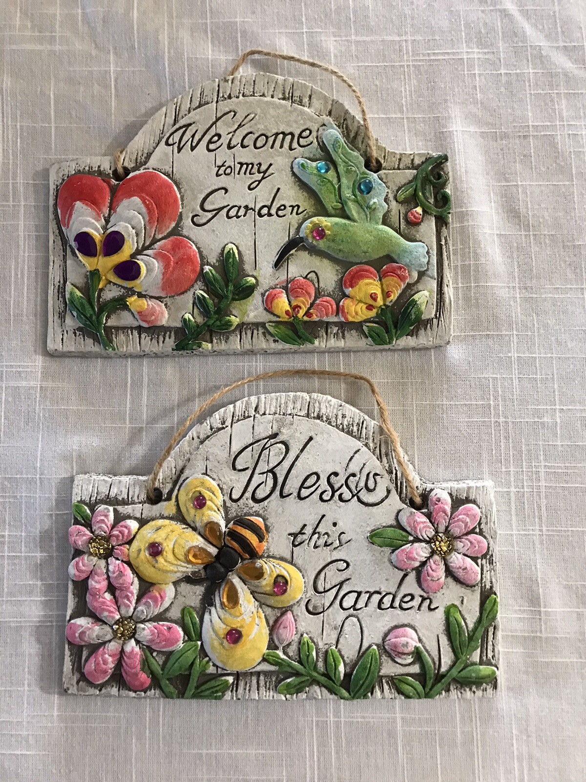 Welcome And Bless Garden Plaques Decor Butterfly Hummingbird Set Of Two