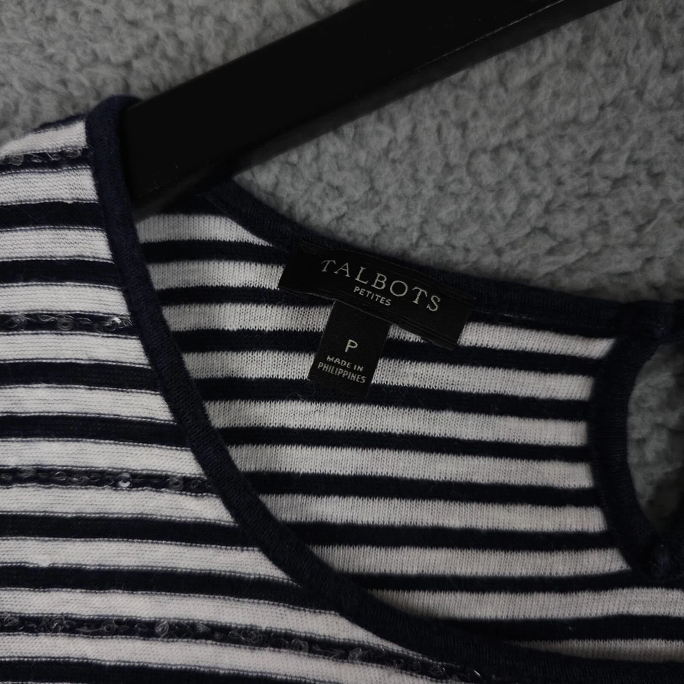 Camisa Talbots Mujer Pequeña Azul Blanco Lentejuelas Rayas Mezcla de Lino Cerradura Top Camiseta Foto 3 de 4