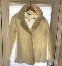 Womens White Long Sleeve Collared Fur Trim Coat Size Medium