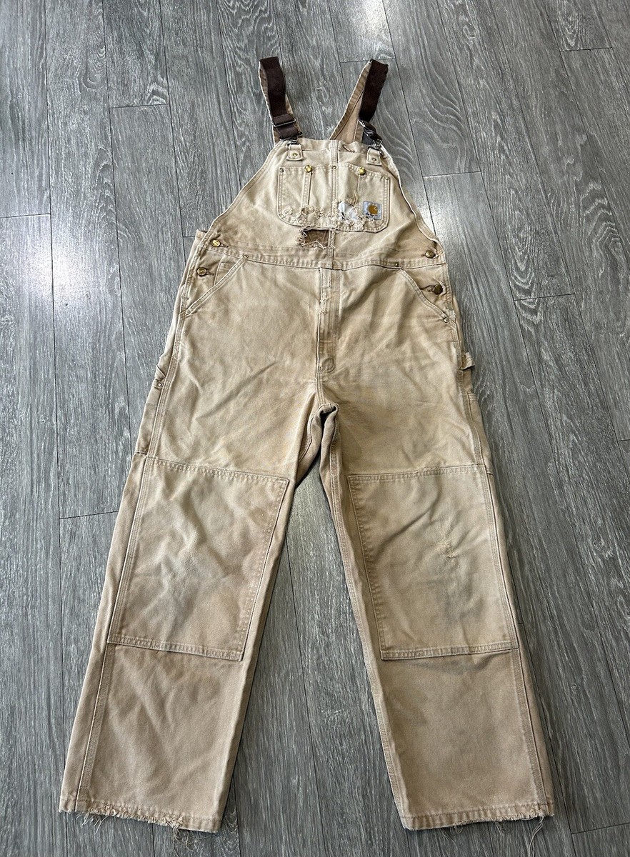 パンツ Carhartt Duck Double Knee Overalls White Vintage Carhartt Overalls Unlined Duck Bib Double Knee R01 BRN