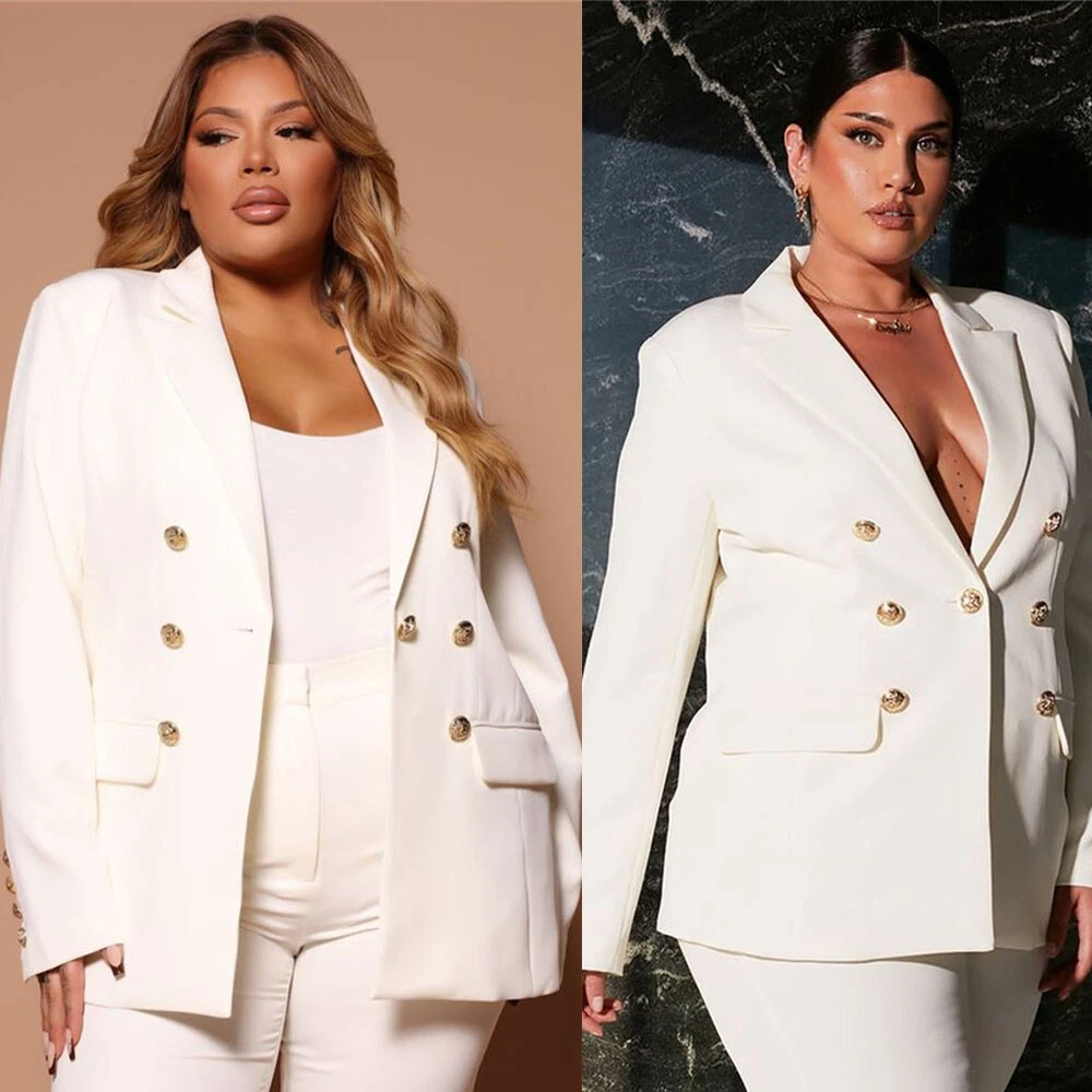 Plus Size White Women Suits Double Breasted 2 Pieces Sets Casual Office  Outfits