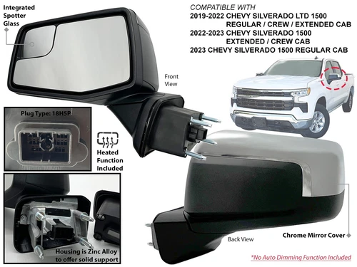For 2019 - 2023 SILVERADO 1500 Side Mirror Heated Chrome Cover Driver Left Side