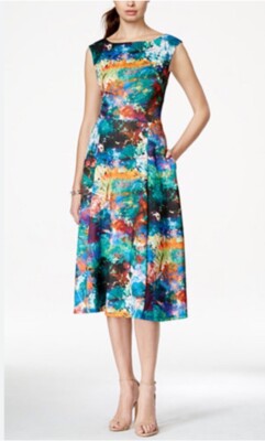 Betsy Johnson Midi Sleeveless Abstact Floral Dress Sz 12 EUc Wedding Tea Brunch