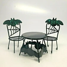 Miniature Halloween Village Bat Motif Table & 2 Chairs 1.75" Table Height, Metal