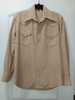 Vtg Western Pearl Snap Shirt Med Tan Long Sleeve Retro 60s 70s Rodeo
