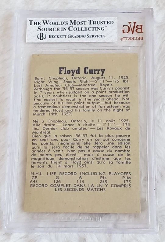 1957-58 Parkhurst #20 FLOYD CURRY Montreal Canadiens BGS BVG 6.5 EX-MT+ - Image 2 of 2