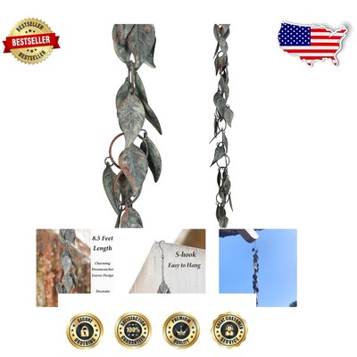 Weather-Resistant Metal Rain Chain - 8.5 FT with Verdigris Leaf Accents