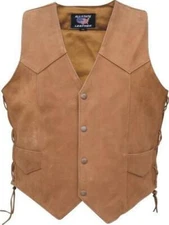 Mens Brown Buckskin Leather Basic Side Laced Motorcycle Vest
