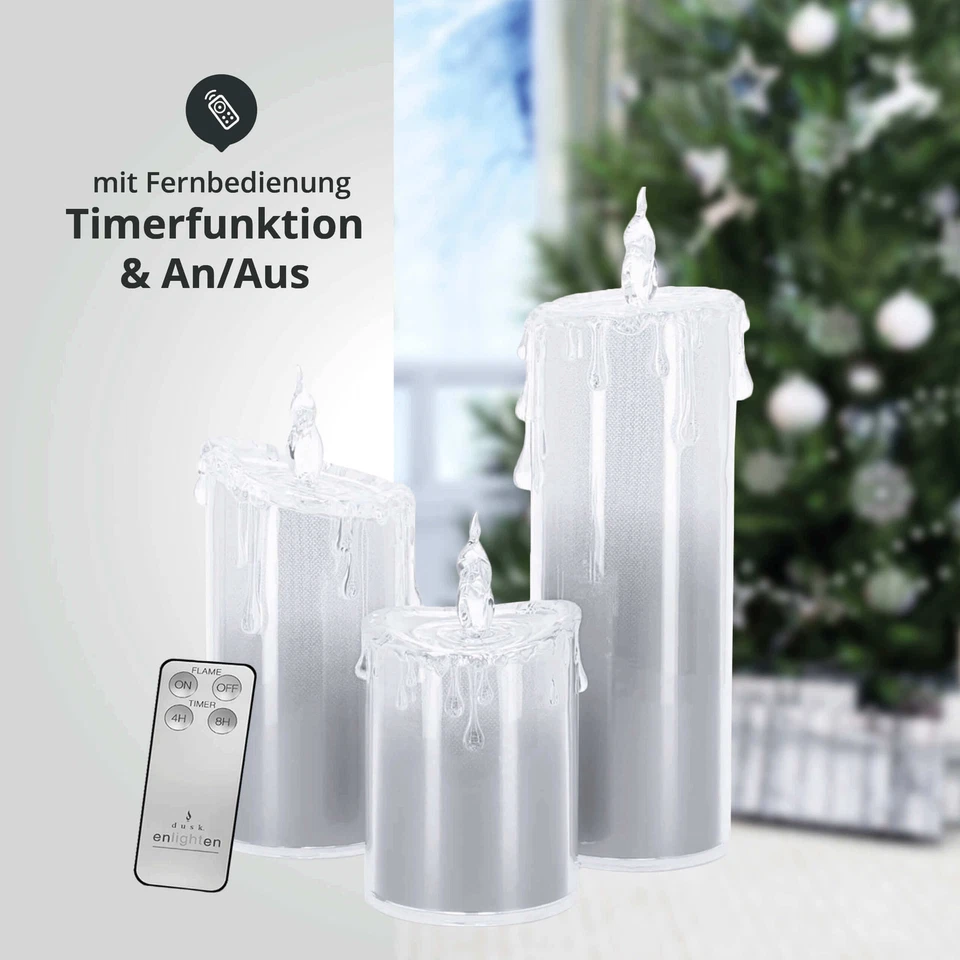 LED Glitzer Kerze 3er Set "Liza" Timer Fernbedienung Candle Kristall Optik Acryl - Bild 4 von 4