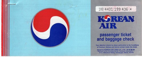 KOREAN AIR AIRLINES TICKET USED, OLD ISSUE. VERY GOOD CONDITION. RARE