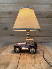 Vintage Ceramic Hand Painted Purple Antique Car Buggy Lamp “Kitschy Folksy”