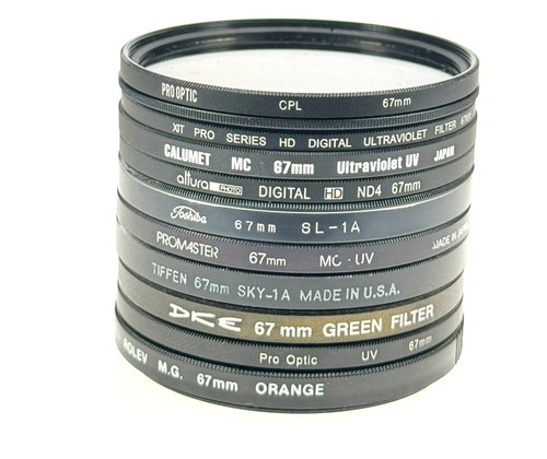 Lot of Ten 10 67mm Screw-In Lens Filters Skylight Polarizer UV CPL Green Orange