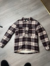 H M men  s Plaid Lined Button Jacket with Pockets Collared Burgundy Cream XS Men