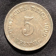 1900-J Germany 5 Pfennig Copper-Nickel Coin - AU (About Uncirculated) condition