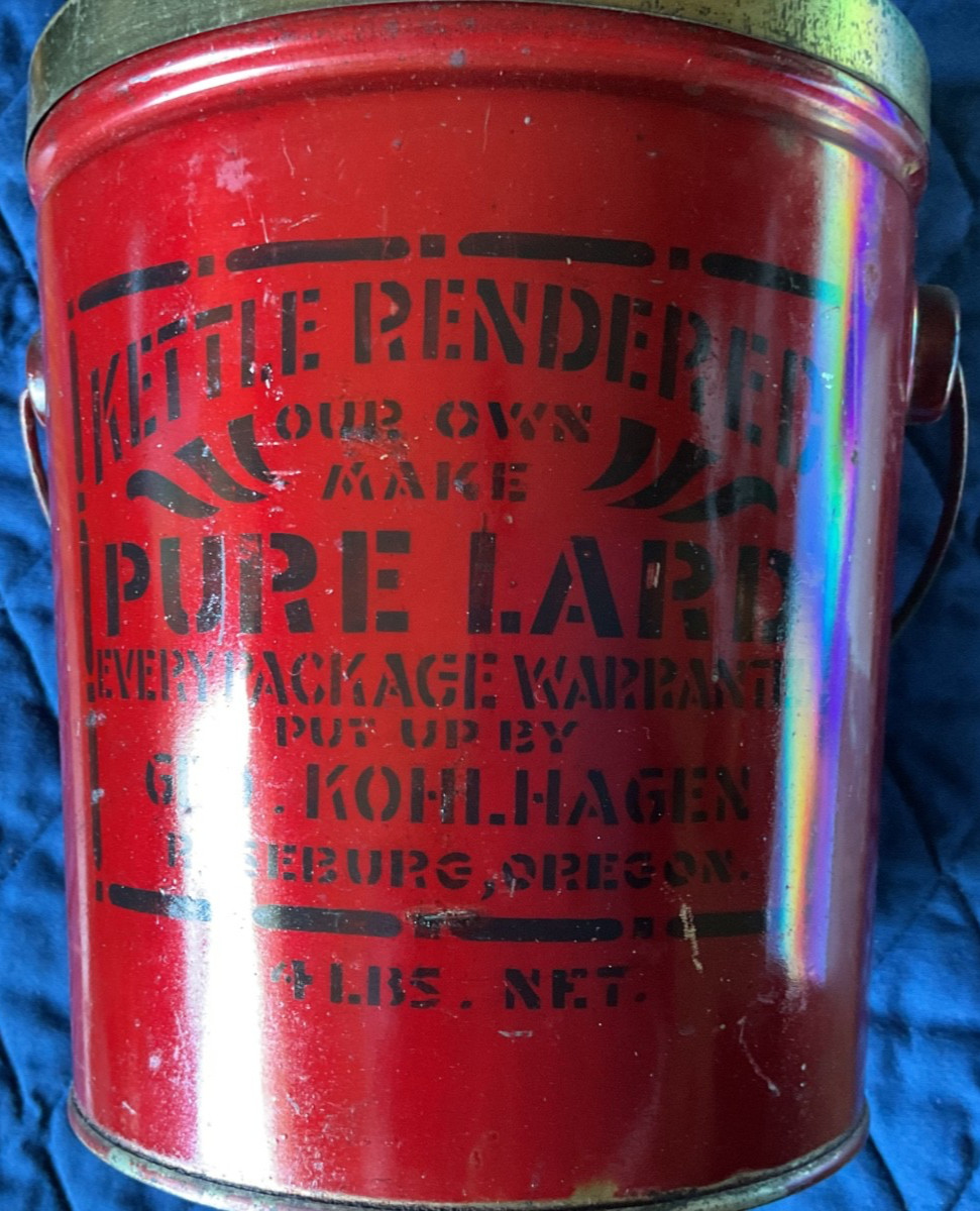 BEAUTIFUL RED STENCILED LARD TIN - 1900s-1930’s - Kohlhagen - Roseburg, Oregon
