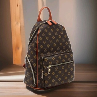 CM Monogram Women's Brown Backpack Faux Vegan Leather Gold Hardware Adjustable 