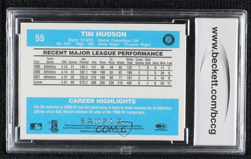 2002 Donruss Originals Sample Silver Tim Hudson #55 BGS 10 PRISTINE - Image 2 of 2