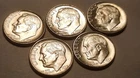 Lot of 5 Silver Roosevelt Dimes 90% Pre-1965 Brilliant Luster Nice Detail