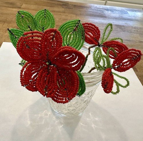 Vintage French Seed Bead Flowers Handmade Stems RED!
