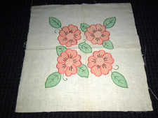 Vtg Stamped Tinted Embroidered Fabric Peach Flowers 19x19"
