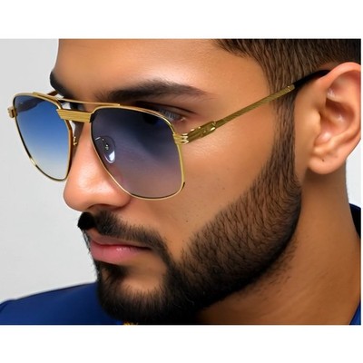 Men Sunglasses Fashion Blue Lens Gold Frame Square Retro Classic UV400 Lentes