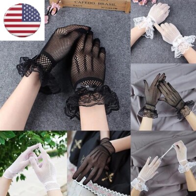Women Short eloquent Lace Floral  Gloves Gothic Bride Wedding Mittens Mesh