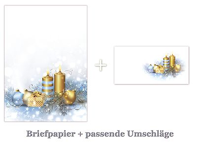 25 Blatt Briefpapier + Umschläge 5051 DIN A4 Weihnachten goldene Kerzen Kugeln