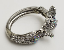 Elephant Bangle Bracelet Clear Blue Rhinestones Hinged Black Eyes Silver Tone