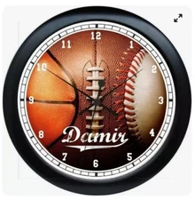 SPORTS WALL CLOCK BASKETBALL BASEBALL FOOTBALL BOYS BEDROOM PERSONALIZED 0724