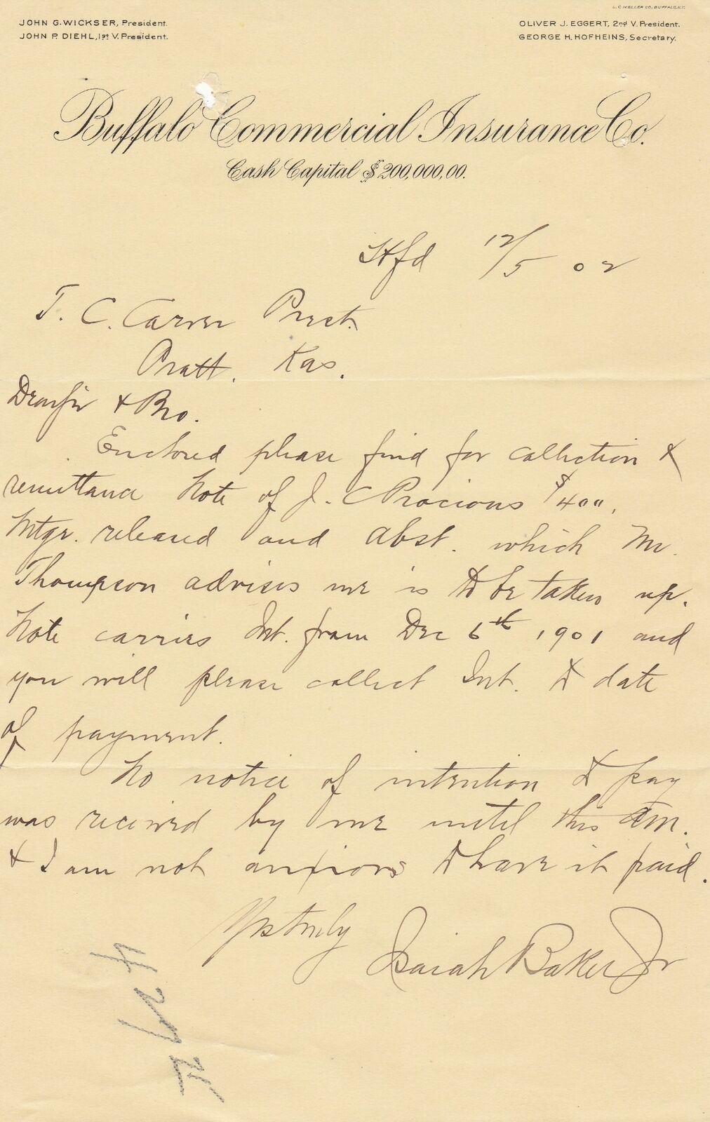 Carta de pago en tierra encabezada de U.S. Buffalo Commercial Insurance Co. 1902 Ref 44232