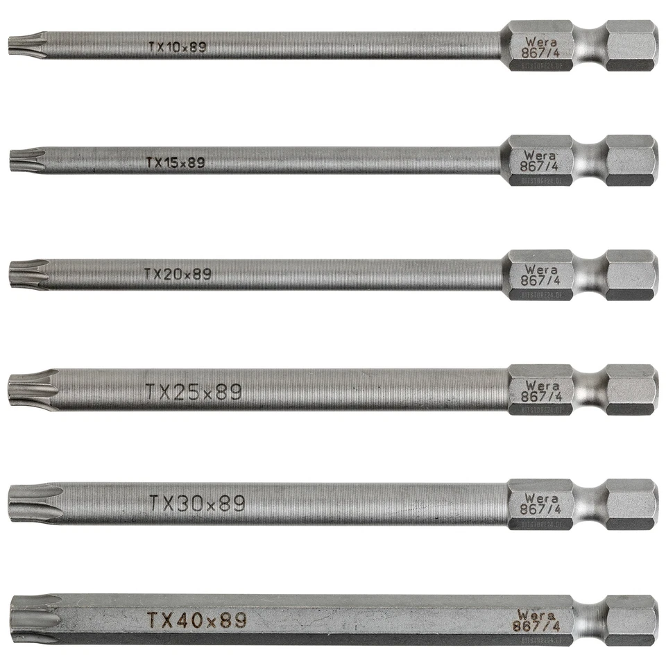 WERA TORX® Bit Biteinsatz T10, T15, T20, T25, T30, T40 TX Bits 89mm Lang E6.3